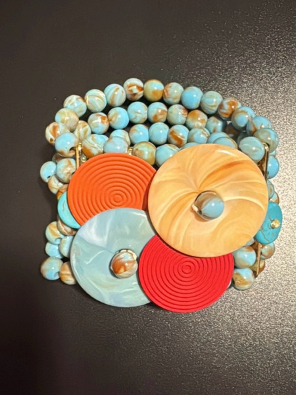 Multi-Color Beaded Statement Bracelet with Orange and Turquoise Discs